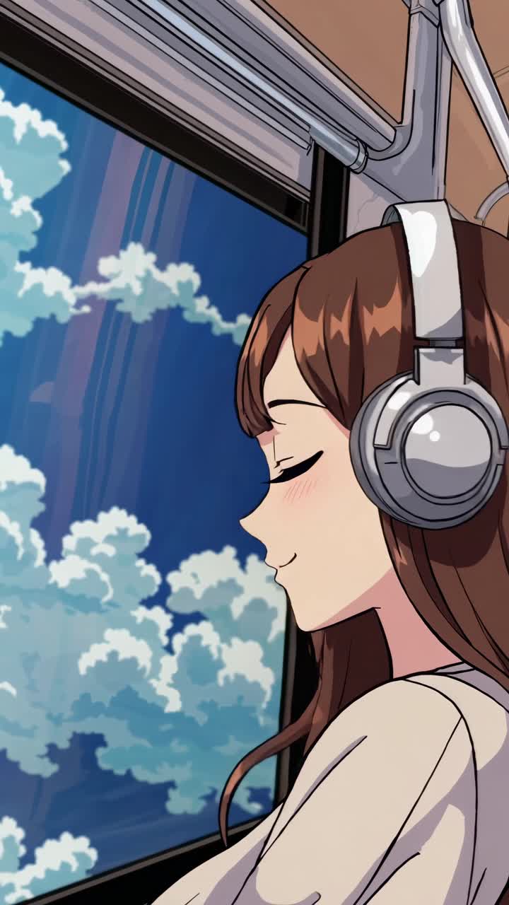 Concept di video in stile anime di una ragazza con le cuffie che guarda le nuvole fuori dal finestrino di un autobus