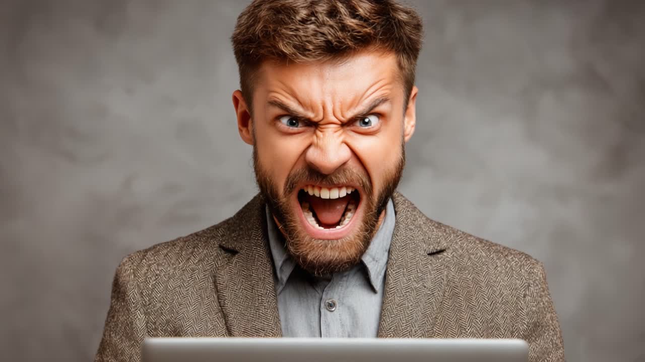 A Frustrated Individual Expressing Anger While Engaging with a Laptop, Capturing the Intense Emotions of Modern Digital Interactions in a Professional Setting