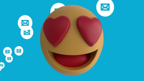 Los-Ojos-Del-Corazón-Se-Enfrentan-A-Emoji-Contra-Múltiples-Iconos-De-Mensajes-Flotando-Sobre-Fondo-Azul.