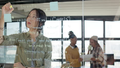 Woman writing code on glass board in modern office, focused and determined