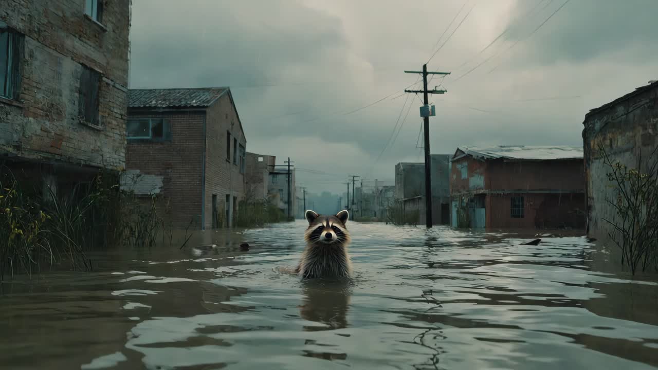 Raccoon in Flooded City