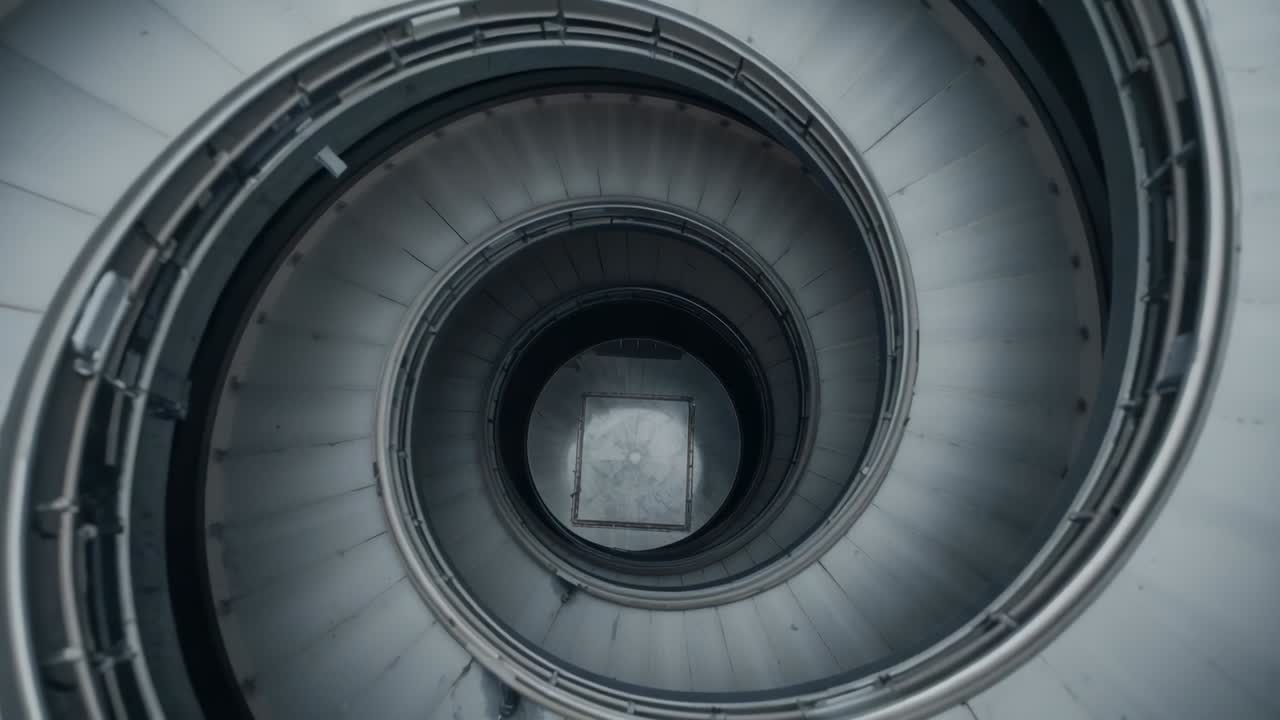 Descending camera rotating around helical staircase in stairwell, showcasing metal railings, steps