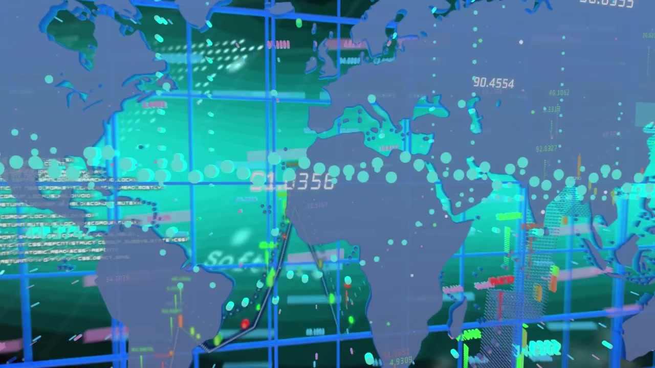 Animation of data processing with world map over graph on green background