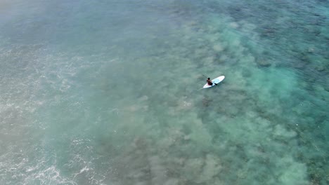 paddle boarder floating in the sediment stirred ocean waves off of lombok, indonesia. aerial