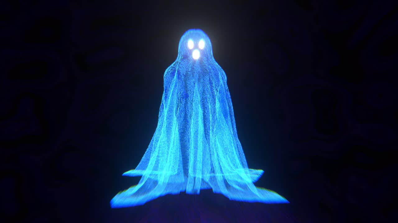 Frightening holographic ghost made of a translucent blue fabric floating on a dark background. The creepy paranormal entity is melting