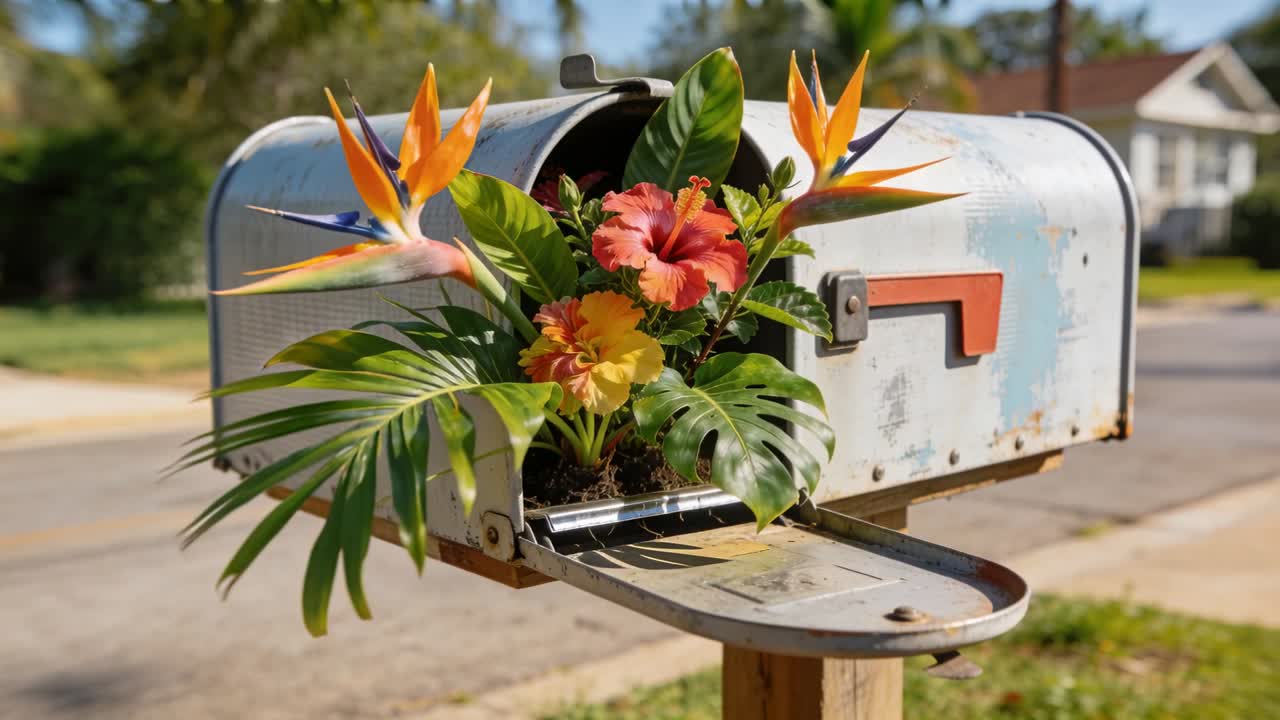 Kameraet panorerer og avslører en postkasse med tropiske blomster ved en forstadskantstein, samtidig som den viser en sølvfarget bil.