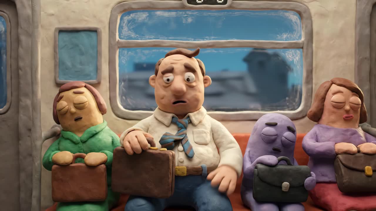 Anxious Claymation Commuter Checking Time on a Train