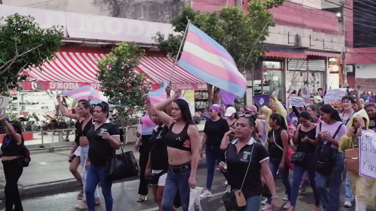 Women march and chant slogans at Women's Day March in Santa Cruz, BOL