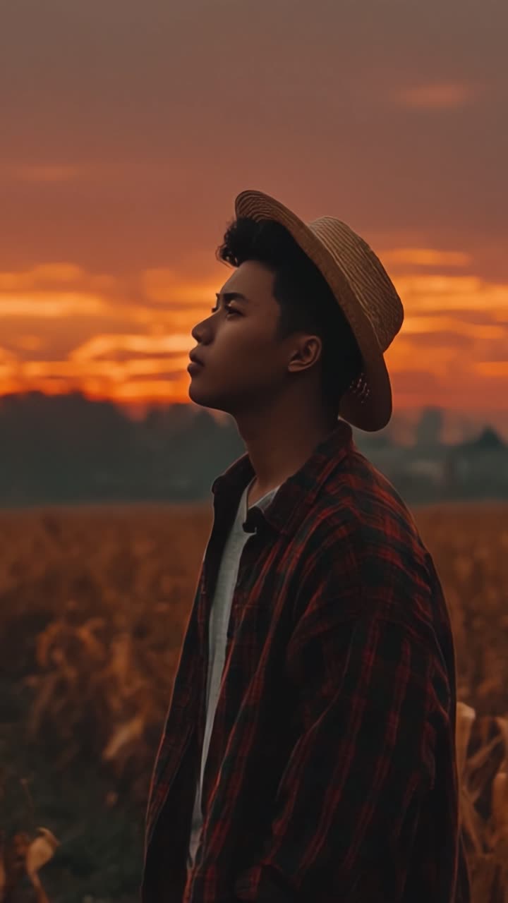 Un momento contemplativo al crepuscolo, che mostra un giovane individuo con un cappello di paglia contro uno splendido sfondo di tramonto, catturando l'essenza della serenità e dell'introspezione nella natura