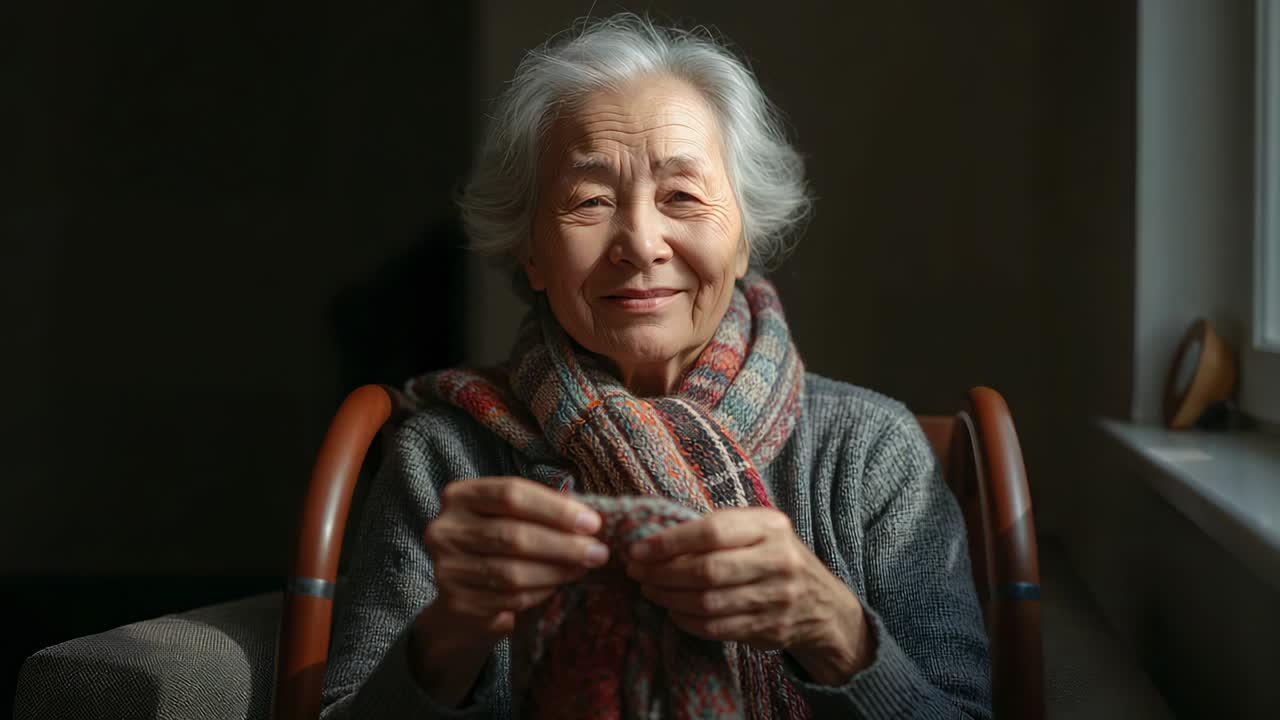 Knitting senior Asian woman wearing wool scarf near window, holding needles, yarn, camera starting