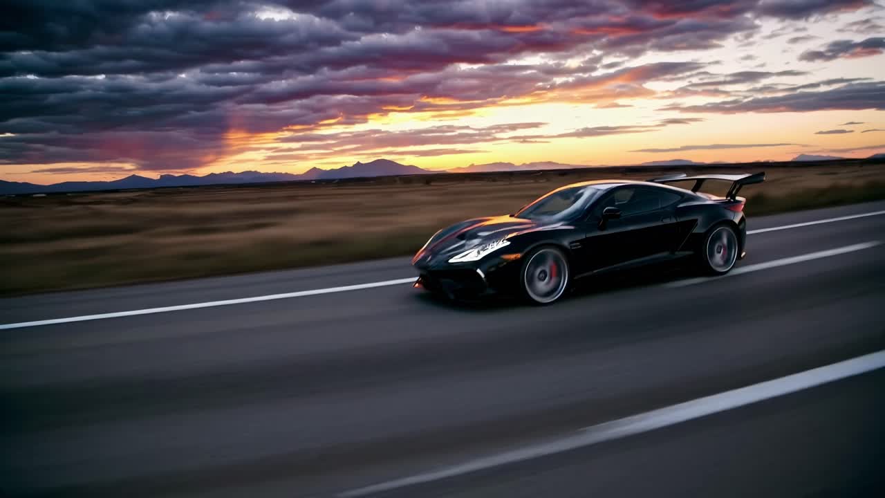 Dynamic video of a sleek sports car speeding on a highway at sunset. Captured from a low side angle