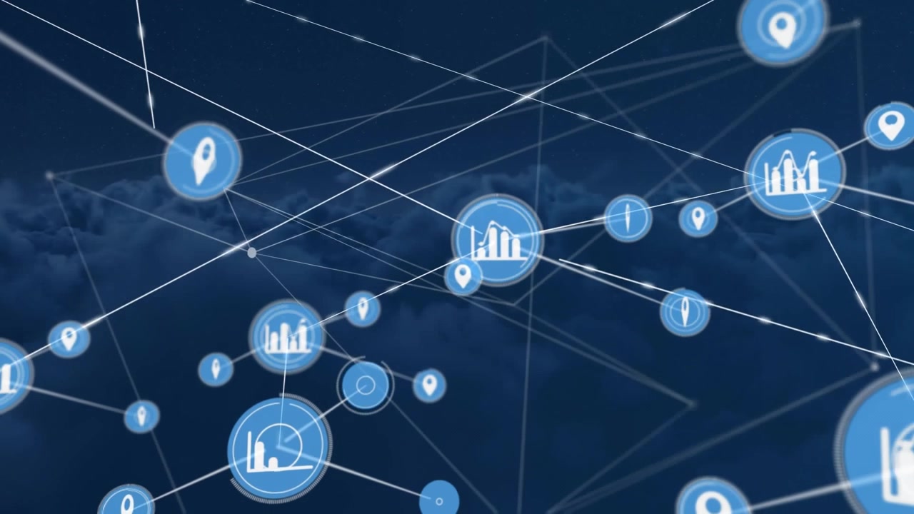 Animation of network of digital icons against dark clouds in the sky