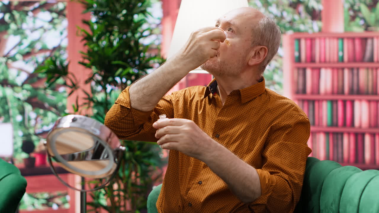 hombre anciano que aplica suero rejuvenecedor y protección uv como rutina diaria