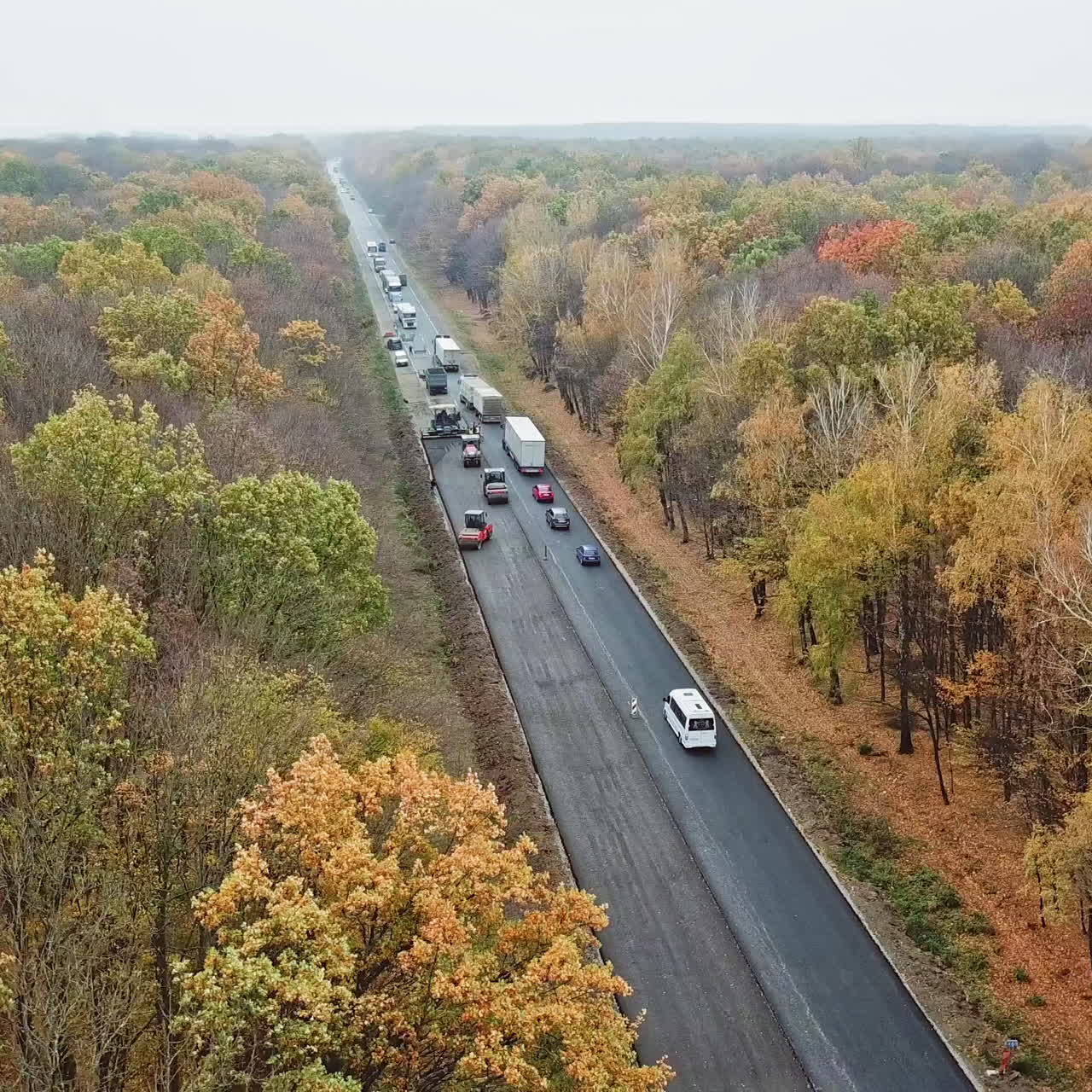 Flying over the autumn forest and new asphalt road. Cars driving on a road through colorful forest on sunny fall day.Camera moves right.