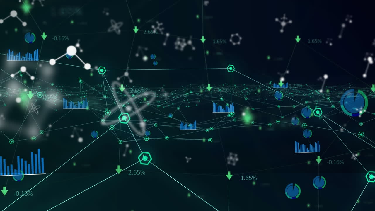Animation of network of connections with molecules and diverse data in digital black space
