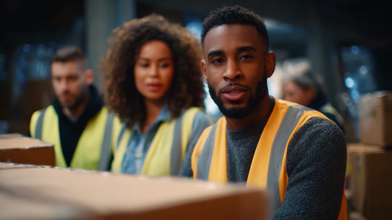 Diverse Team Working Together in Warehouse, Focused on Collaborative Efforts and Efficient Task Management, Highlighting Roles of Each Member in a Dynamic Environment with Boxes and Safety Gear