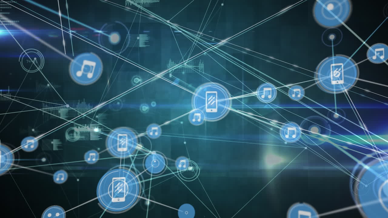 animación de una red de iconos de música y medios azules que transmiten datos sobre un fondo negro