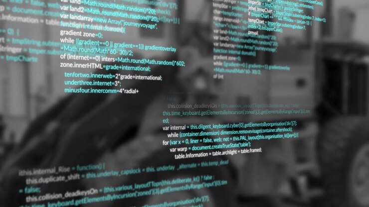 JavaScript code overlaying blurred monochrome office scene, showing bike leaning beside desk