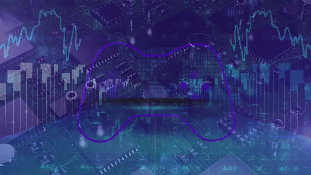 Animation of digital data and graphs overlaying circuit board with game controller