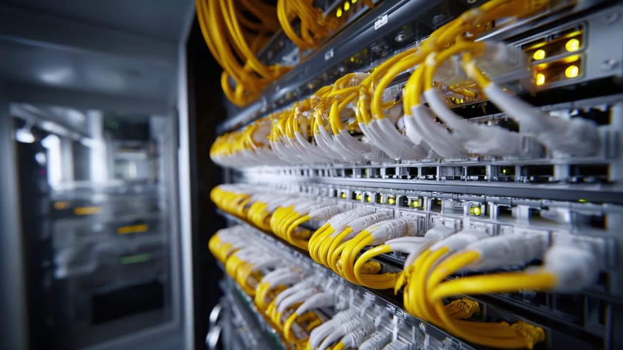 A Close-Up View of Network Server Cables and Connections, Showcasing the Intricate Setup of Data Infrastructure in a Modern Data Center Environment