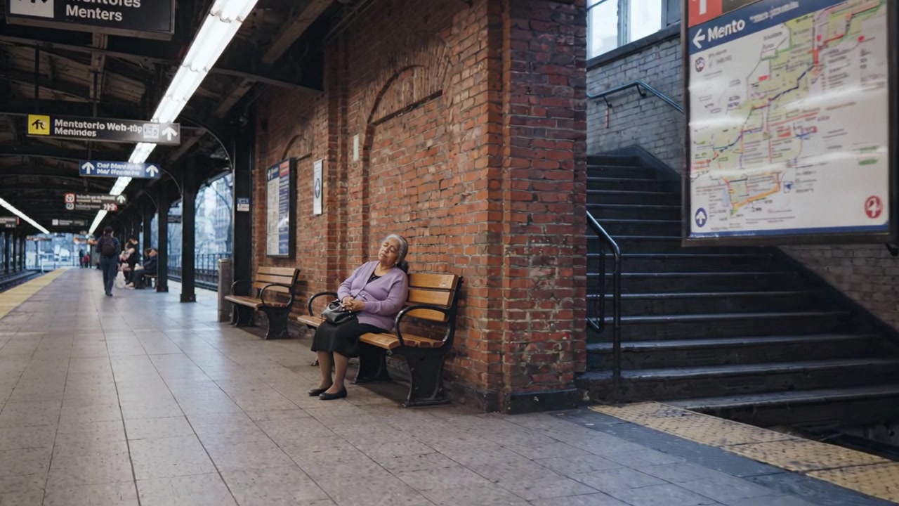 An elderly woman sits quietly alone on a bench at a subway station, surrounded by the rustic charm of brick walls and a bustling yet empty platform.