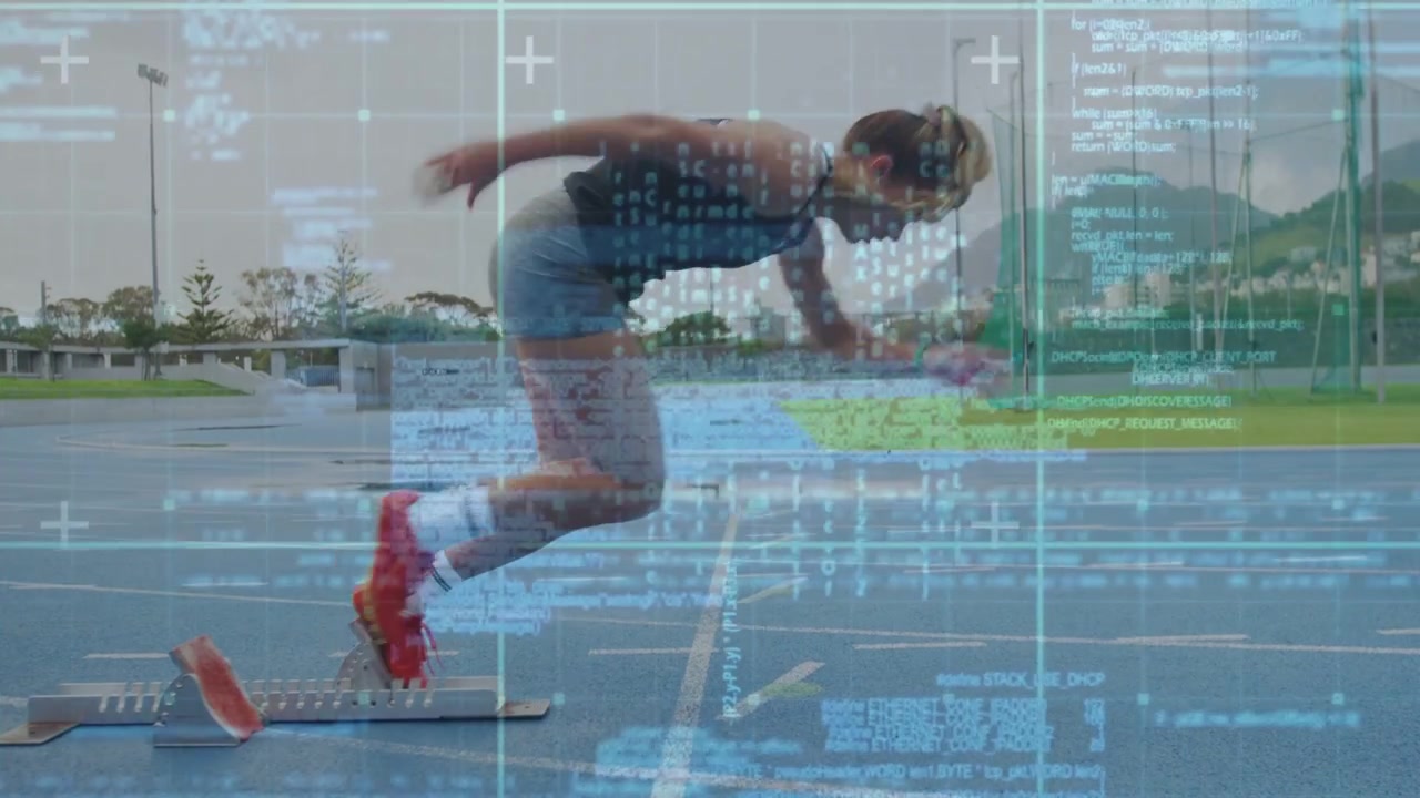 Atleta velocista donna che esegue una partenza dai blocchi, in posizione "pronti" e poi scatta per lo sprint, con sovrapposizione blu che sincronizza elementi sportivi.