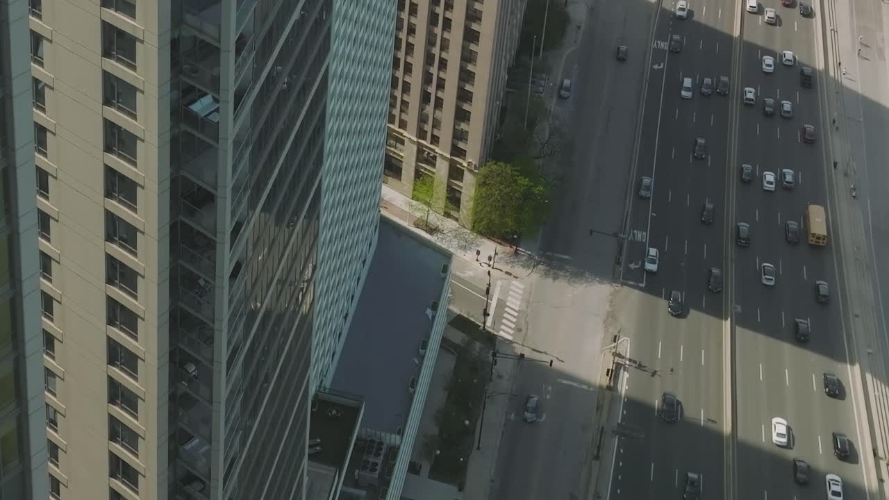 Aerial view of busy Chicago streets and buildings during daylight