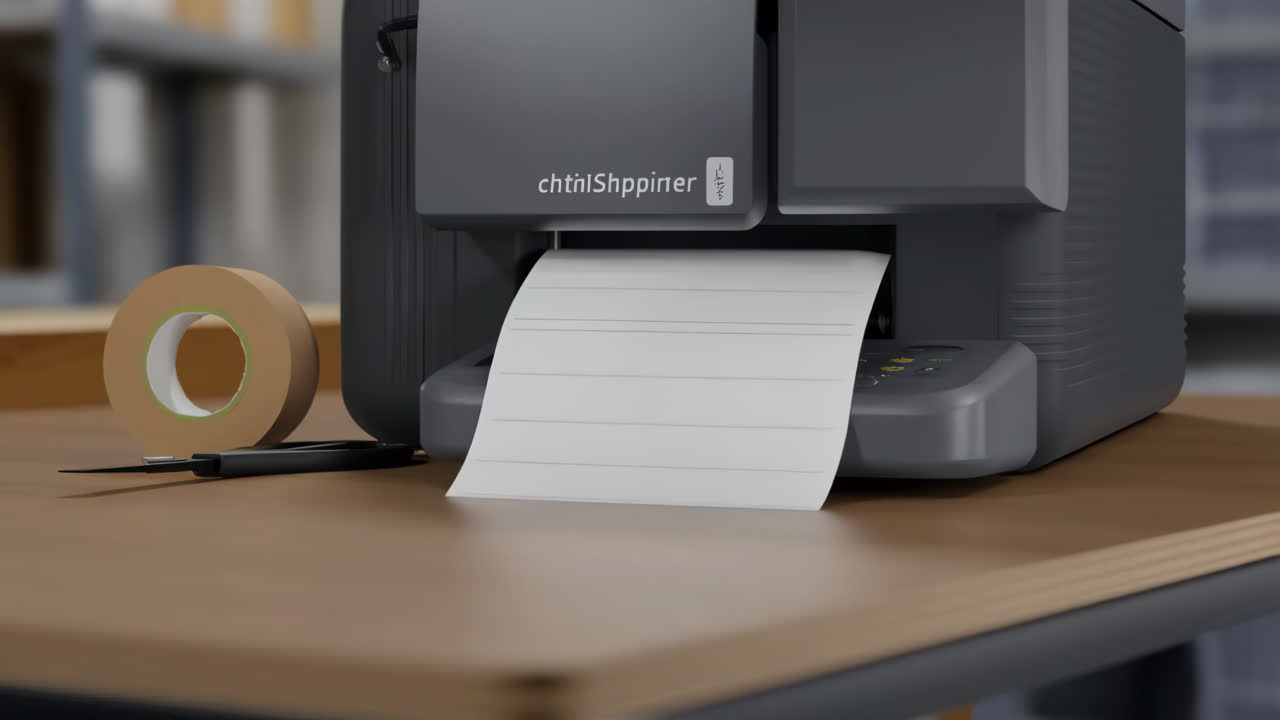 A shipping label printer on a desk with a roll of tape