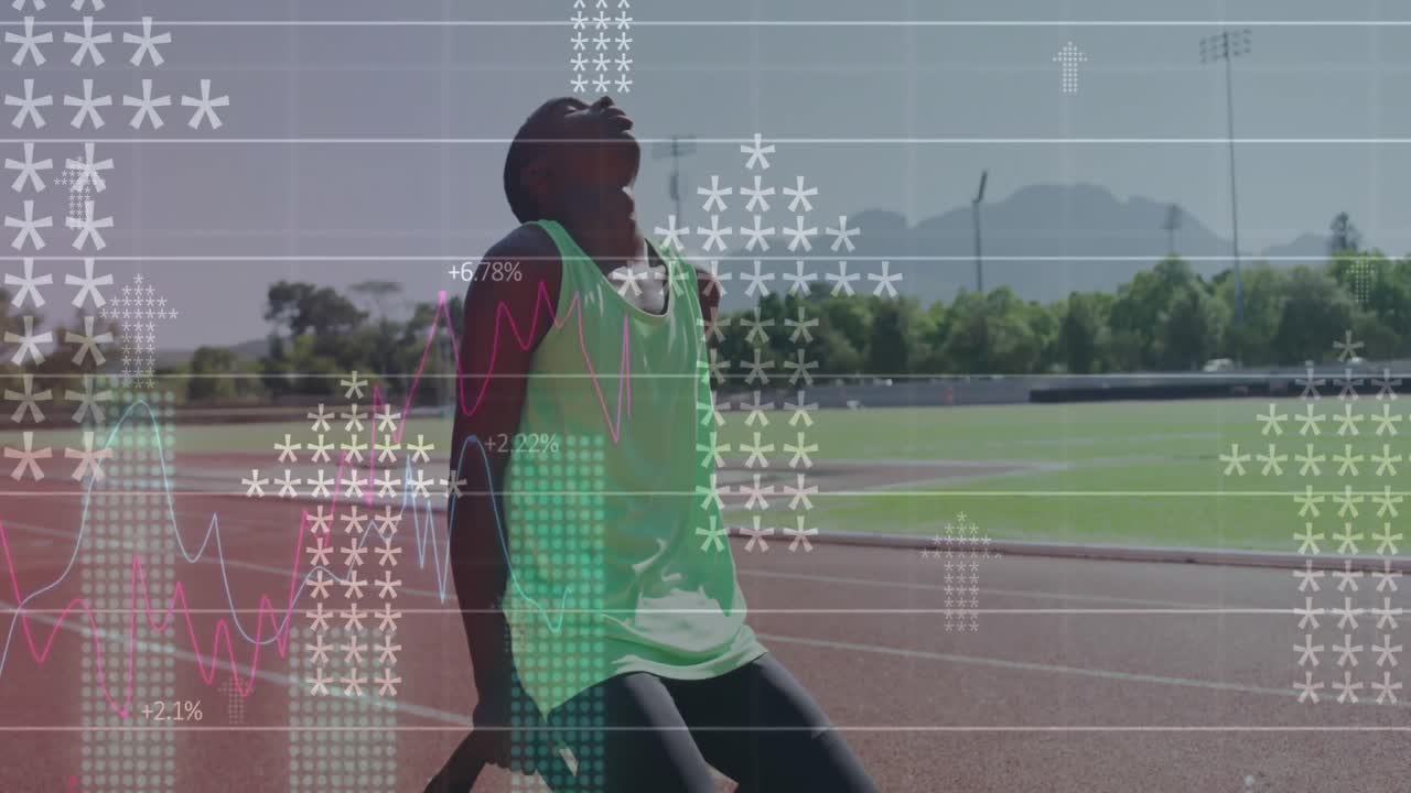 Animation of digital data processing over disabled male athlete with running blades on racing track