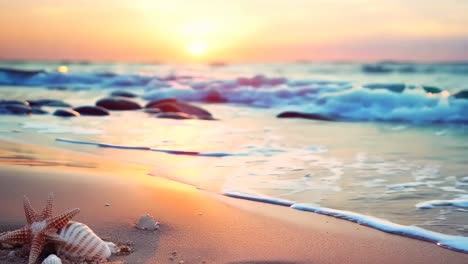 low-angle video captures a serene beach sunset with waves gently lapping the shore