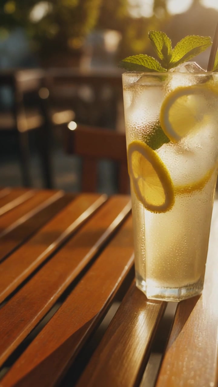 Bicchiere rinfrescante di limonata su un tavolo di legno al tramonto