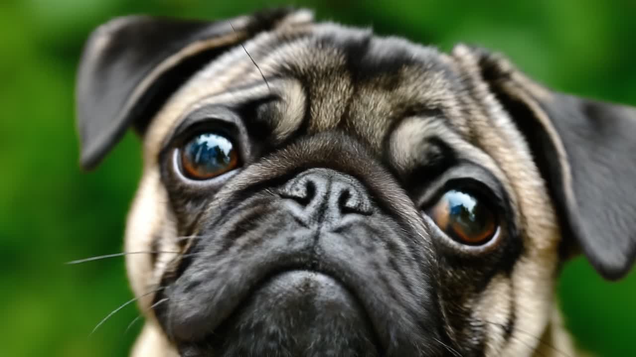 Retrato em Close-Up de um Adorável Cão Pug Exibindo seu Rosto Expressivo e Grandes Olhos Castanhos, Envolvido por um Fundo Verde Exuberante