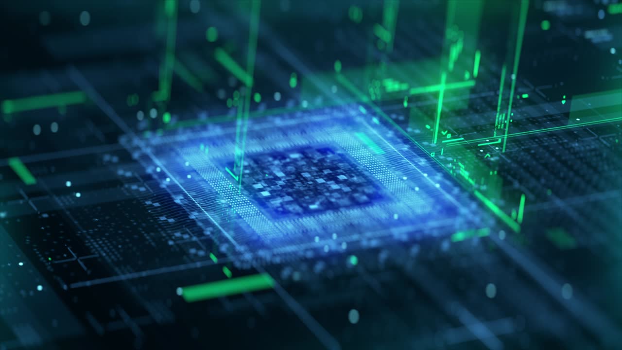 background tecnologia circuito cpu. visualizzazione 3d ai potenza del processore. colorato processo di digitalizzazione blu e verde. trasmissione di dati in futuristico chip di scheda animazione computer virtuale close-up 4k