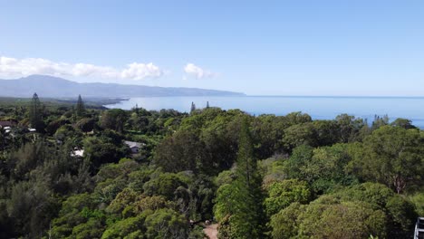 Drone-footage-on-the-North-Shore-of-Oahu-Hawaii-skimming-the-treetops-toward-the-blue-ocean-water-of-the-Pacific-with-mountains-on-the-horizon-across-the-bay