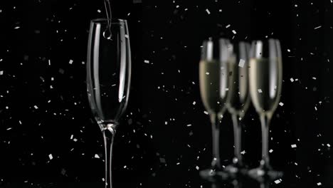 Animation-of-champagne-glasses-and-champagne-pouring,-with-confetti-falling-on-black-background