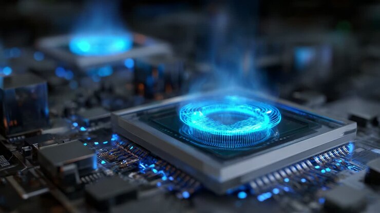 Futuristic Close-Up of Advanced Computing Technology with Glowing Blue Energy Emissions from High-Performance Microchips on a Circuit Board, Illustrating Innovation in Electronics and AI