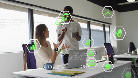 Discussing environmental data processing animation, two colleagues in office setting