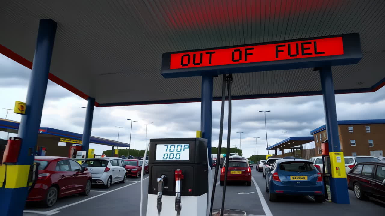 Gas station with fuel pumps and EV charging points, showing cars and close-ups of the nozzles