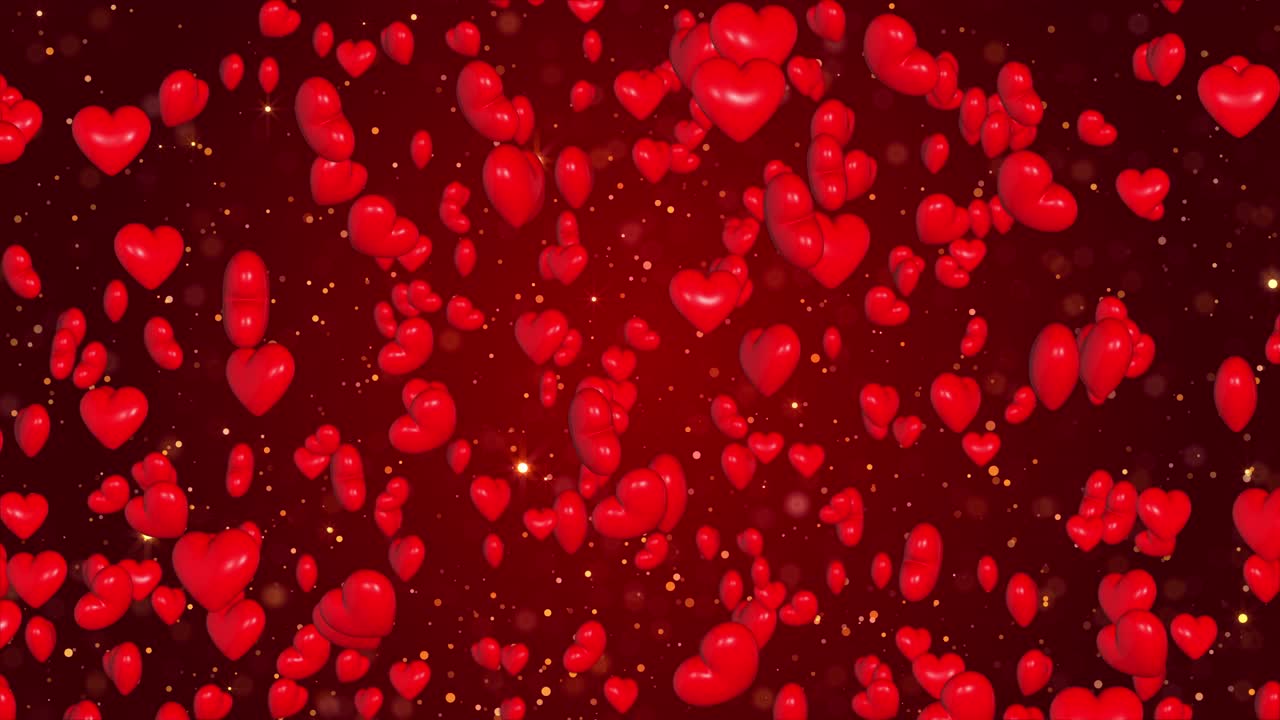 Animazione di felice giorno di San Valentino e romanticismo, cuori lucidi e scintillanti, concetto di San Valentino e matrimonio, particelle luminose, sfondo sfumato rosso scuro.