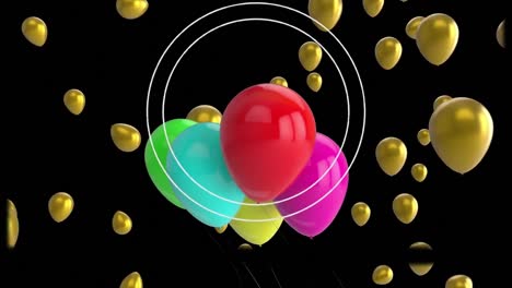 Animation-of-balloons-flying-and-circles-over-black-background