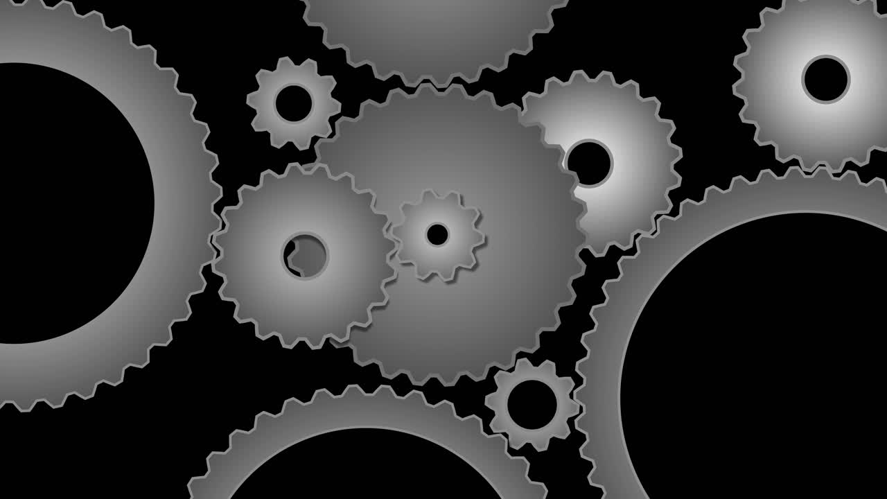 Seamless loop of multiple interlocking monochrome gears and cogs rotating in a complex system against a solid black background