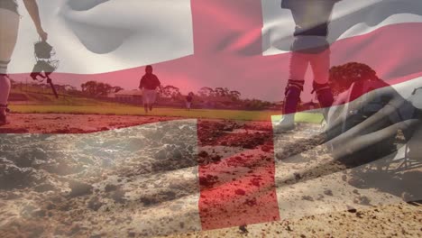 animation of flag of englan over diverse male baseball players