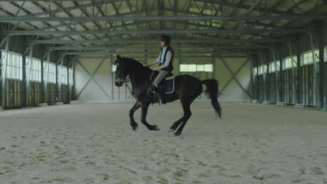 person riding a horse in an indoor equestrian arena