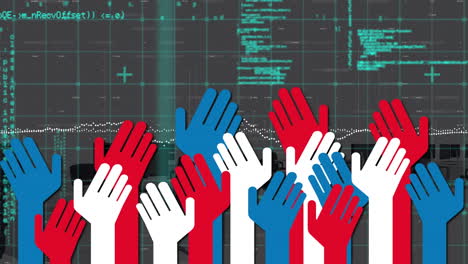 animation of data processing and office over hands icon