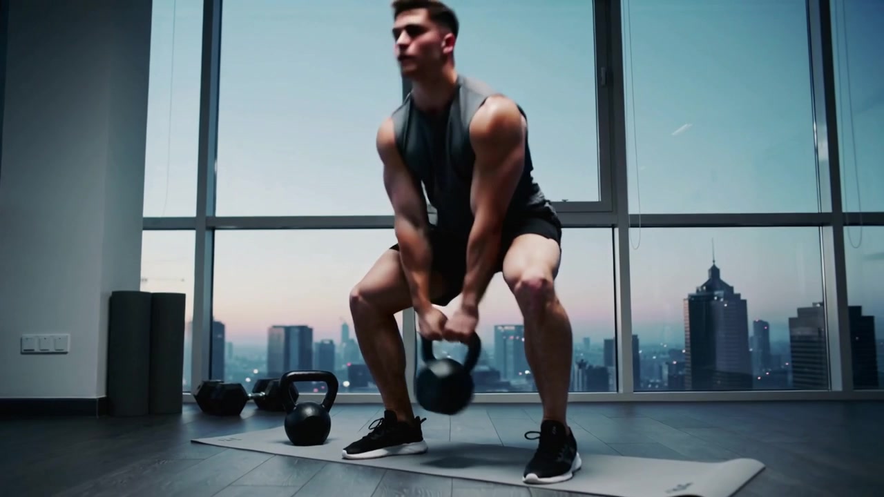 Uomo che afferra un kettlebell ed esegue degli swing vicino a finestre con vista sullo skyline, indossando canotta e pantaloncini neri per allenare la forza.