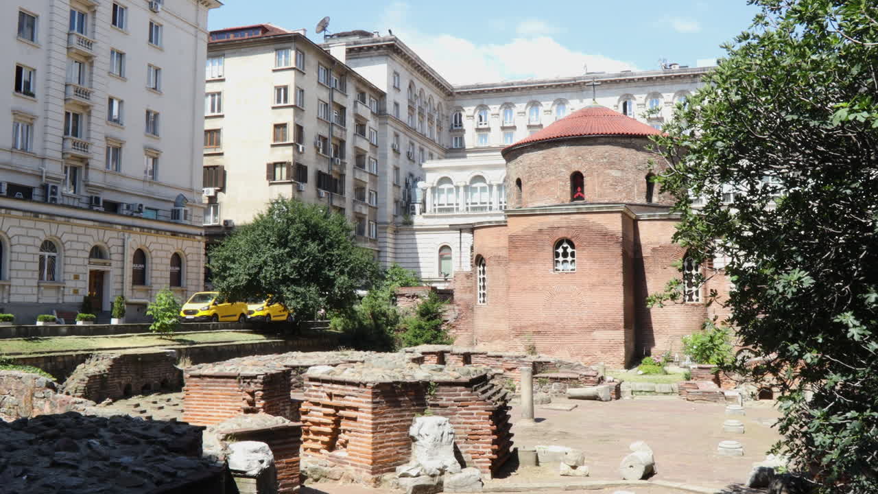 Pan shot of Rotunda church on a bright sunny day in Sofia, Bulgaria
