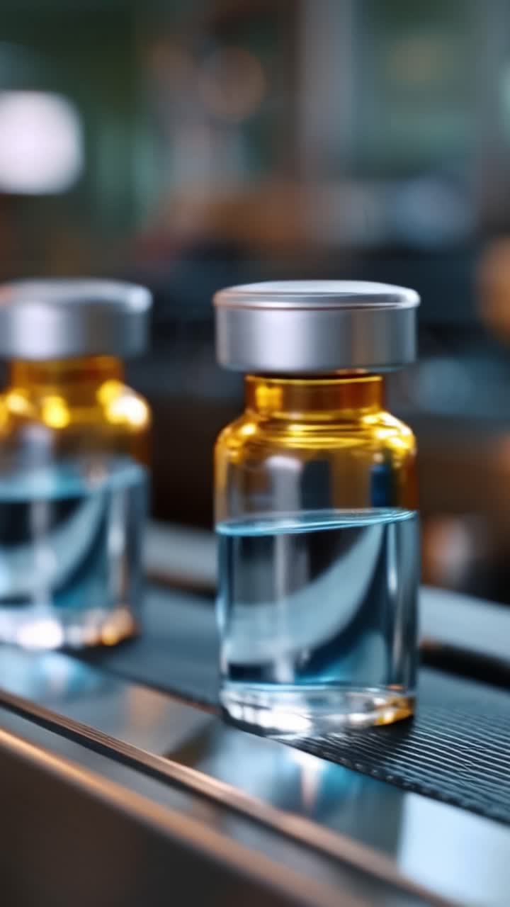 Close-Up of Beautifully Labeled Vials on a Conveyor Belt in a Bright, Modern Laboratory Environment with Clear Liquid and Metallic Caps Capturing Attention