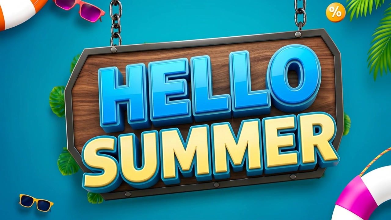 Hello Summer Animated Sign with Tropical Beach Elements