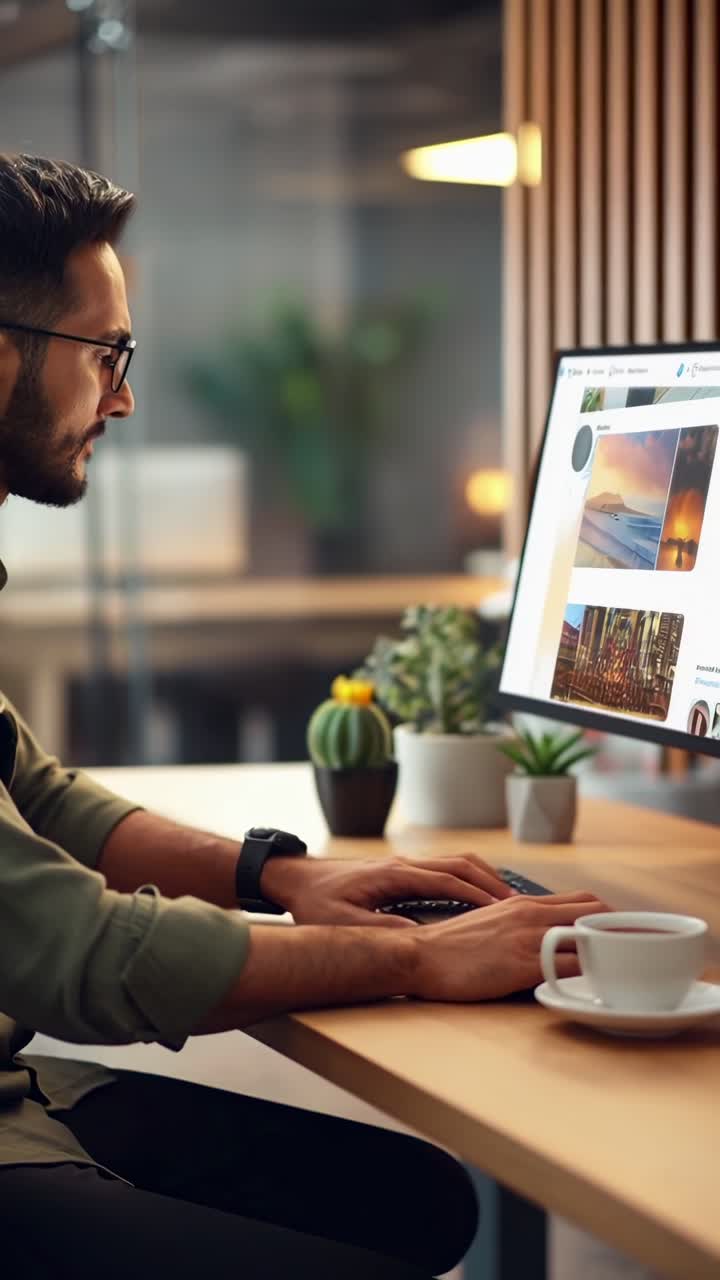 Side-engel af en mand, der arbejder på en computer i et moderne kontor, med en video på skærmen