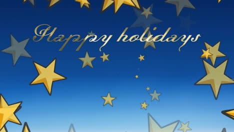 animation of happy holidays text over christmas stars falling on blue background